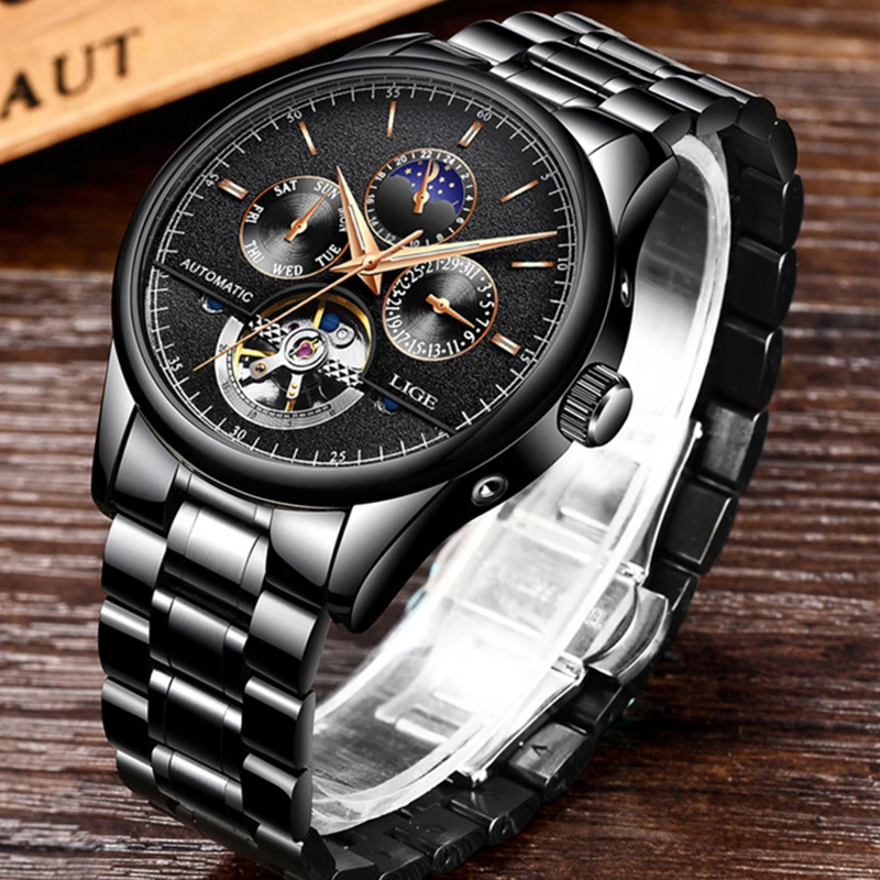 LIGE Luxury Brand Men Watches Automatic Mechanical Watch Tourbillon Sport Watches Automatic Date Clock Waterproof Wristwatch+ox