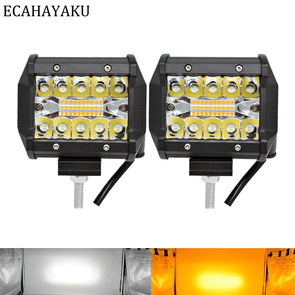 2 Pieces Triple rows 4 inch LED Bar Lights White Yellow Strobe Flashing style 6 Modes for Off-road SUV Rescued Trucks Boat 12V