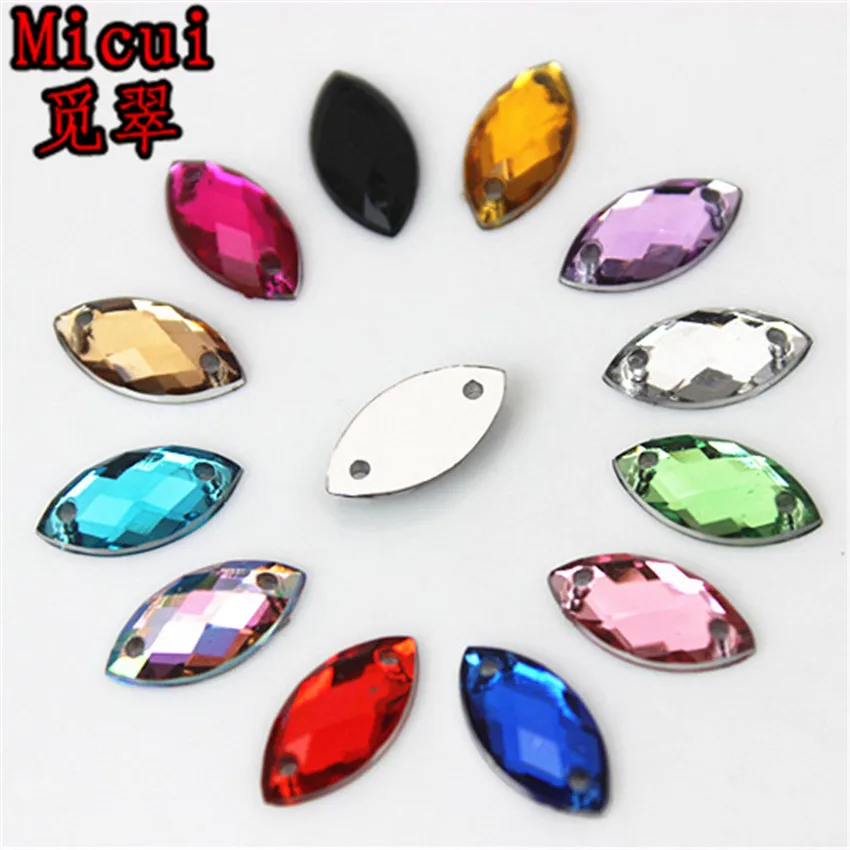 Micui 100PCS 6*12mm Sewing Crystal AB Flatback Acrylic Rhinestones Sew On Crystals Stones Horse Eye For DIY Clothes Crafts MC768