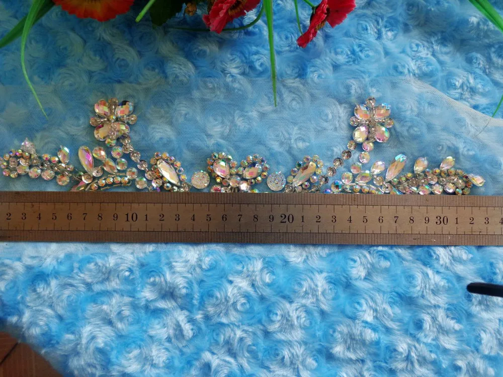 ZBROH Free shipping hand made  crystal patches  sew on clear AB colour Rhinestones applique  32*8cm for top dress belt