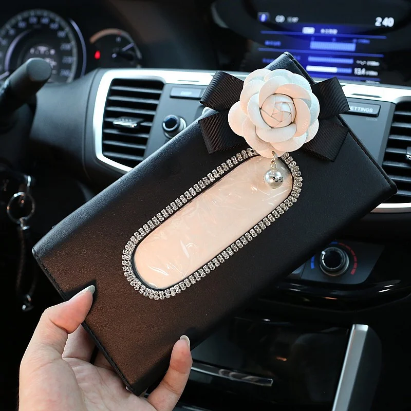 Cute Flower Crystal Tissue Box Paper Holder for Car Sun Visor Leather Hanging Auto Sunvisor Tissue Cases Women Car Accessories