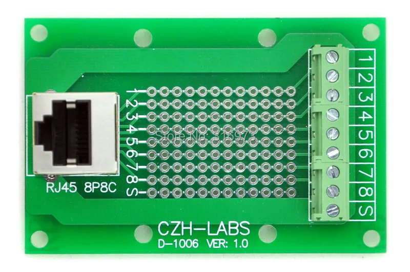 RJ45 8P8C Vertical Shielded Jack Breakout Board, Terminal Block, Connector.