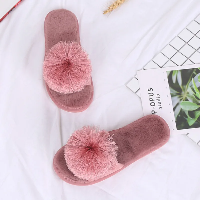 Taomengsi new fur ball slippers thickened plush home women\'s soft-soled non-slip floor open-toed red slippers all the year round