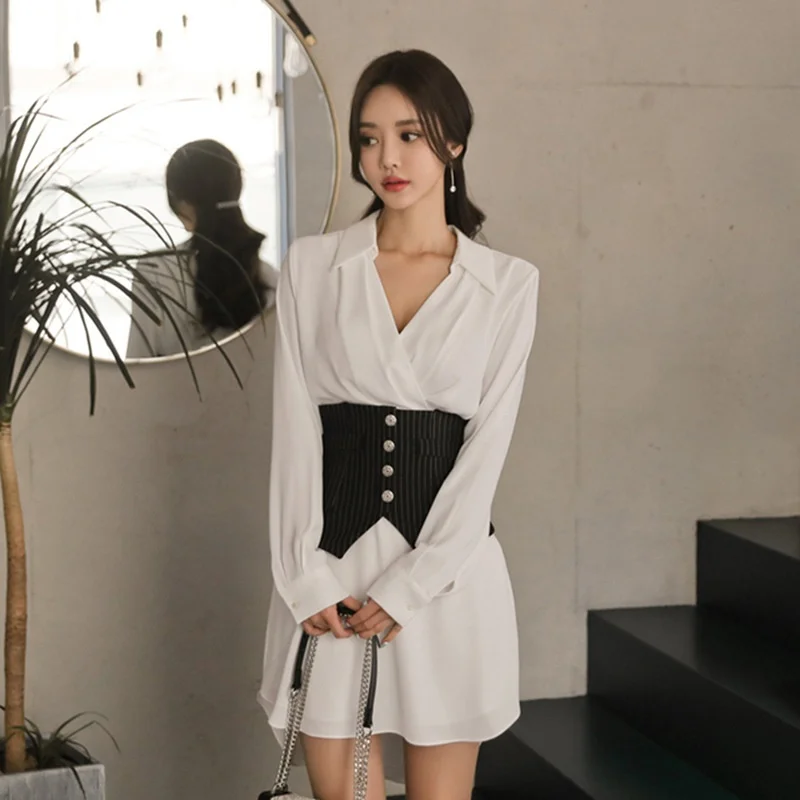 

Women Clothes 2019 T Shirt Dress Midi Long Shirt Female Tunic Ol V Neck White New Korean Style Women Dress Autumn 2019 DD2116