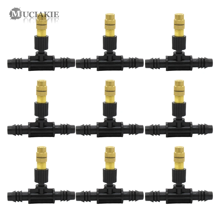 MUCIAKIE 50PCS Brass Misting Nozzle with 8/11mm Tee Atomizing Spray Cooling Watering Sprinkler Garden Irrigation 3/8'' Hose