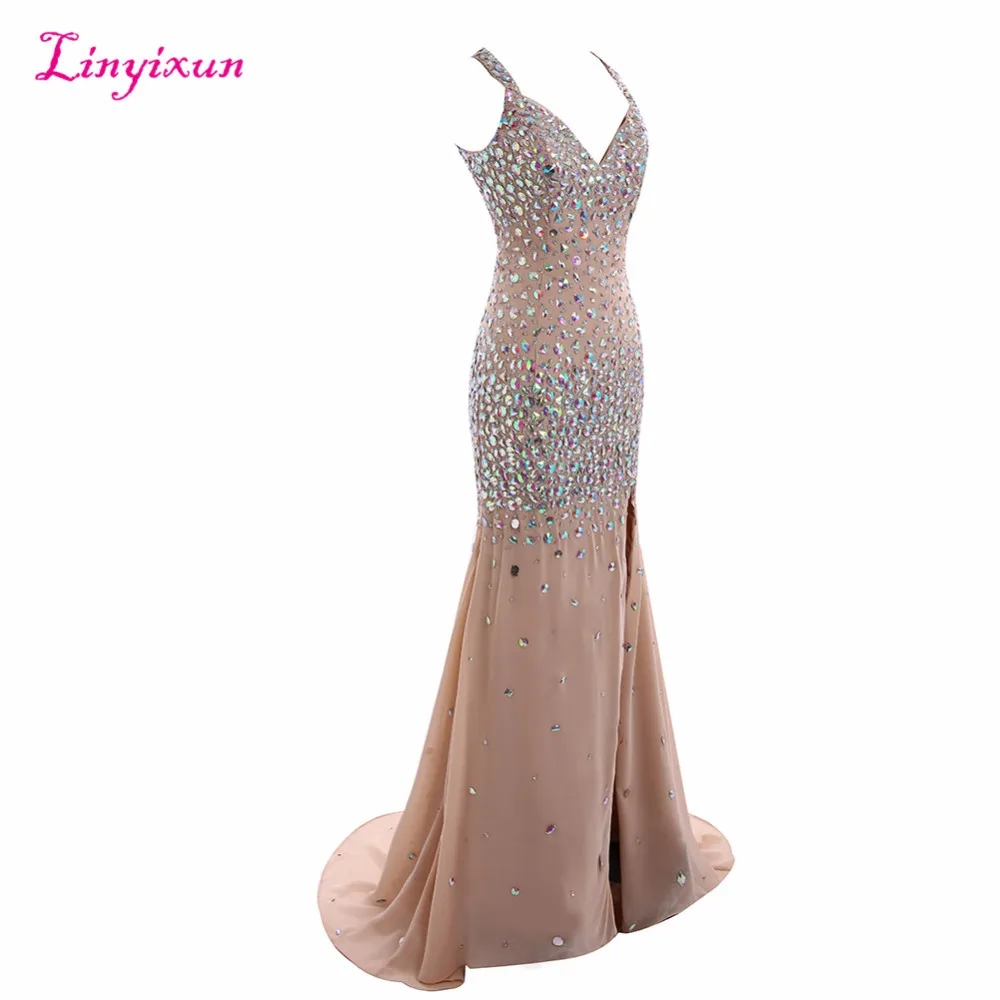 Linyixun Real Photo Nieuwe Sexy Jurken Luxe Kralen Crystal Lange V-hals Backless Party Formele Avondjurken vestido de festa