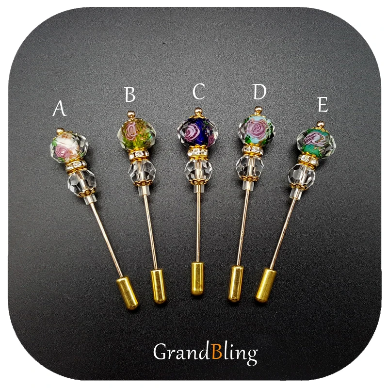 Fancy Coloured Glaze Beads Long Stick Lapel Pins Handmade Hijab Pins 5 Colors Available