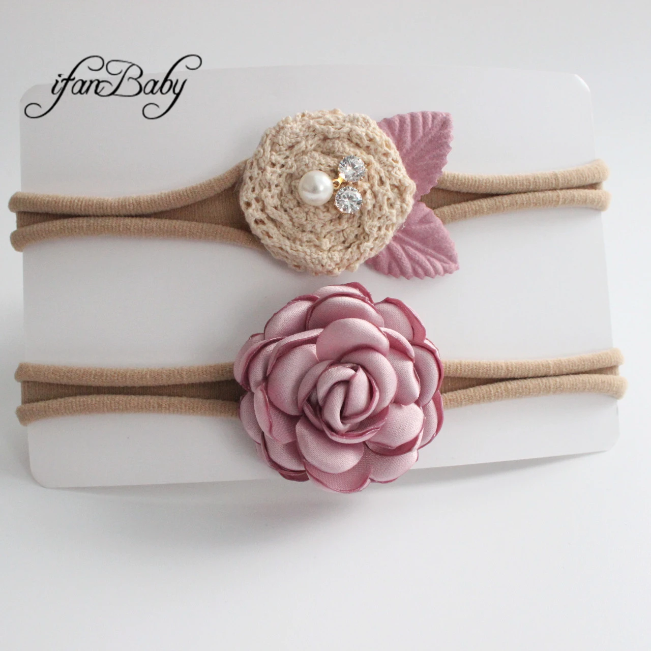 Cute flower headband girl kids nylon headband burn fabric flower with rhinestone bow headwear