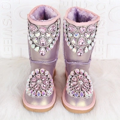 New Intrigue Purple Color Glitter Rhinestone  Embellished Snow Boots Winter Flat Warm Plush Inside Med calf Crystal Boots Shoes