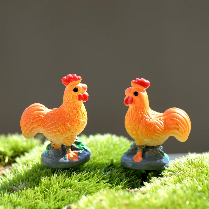 2pcs Orange Cock Miniature Figurine Chicken Cartoon rooster Animal Home Decor Decoration Cake mini fairy garden ornament toy
