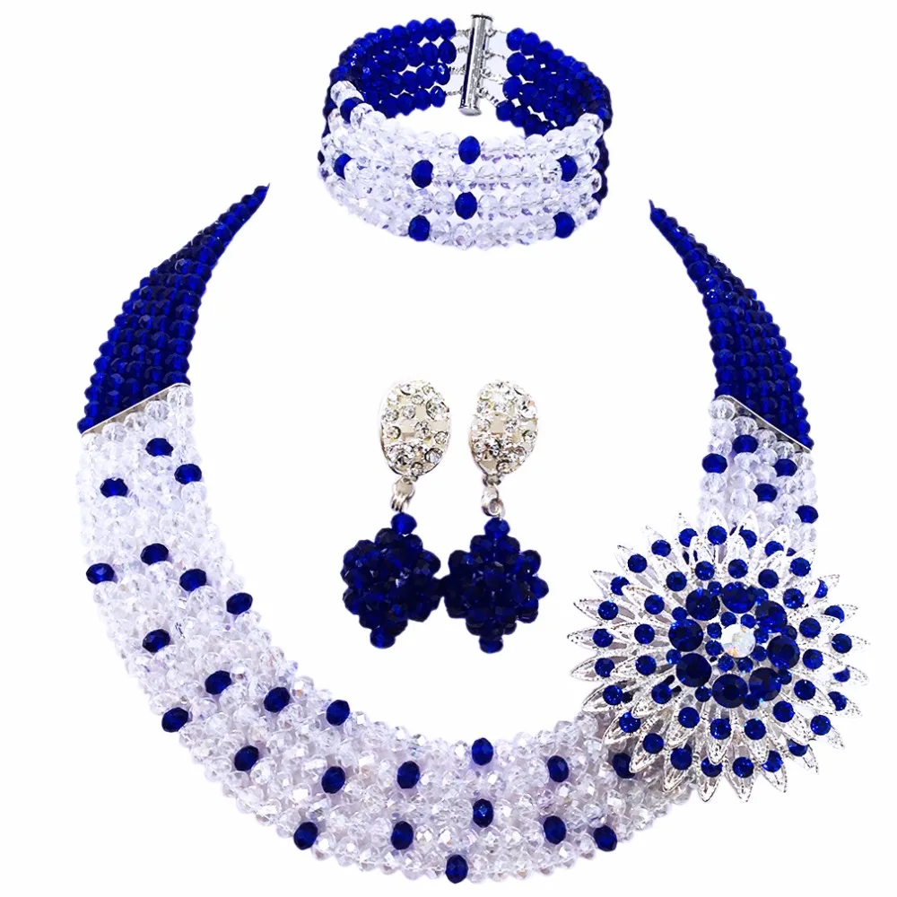 Amazing! Royal Blue Transparent Crystal Beaded Nigerian Wedding African Beads Jewelry Set for Women Girls 5L-ZJ009