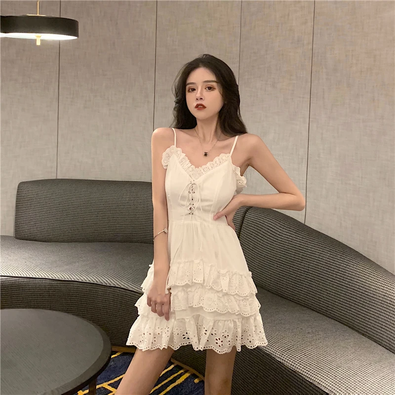 Lolita Women Slip Dress Summer Sleeveless V-neck Lace Up Ruffles White Sundress Female Sweet Slim Beach Dresses vestido E306