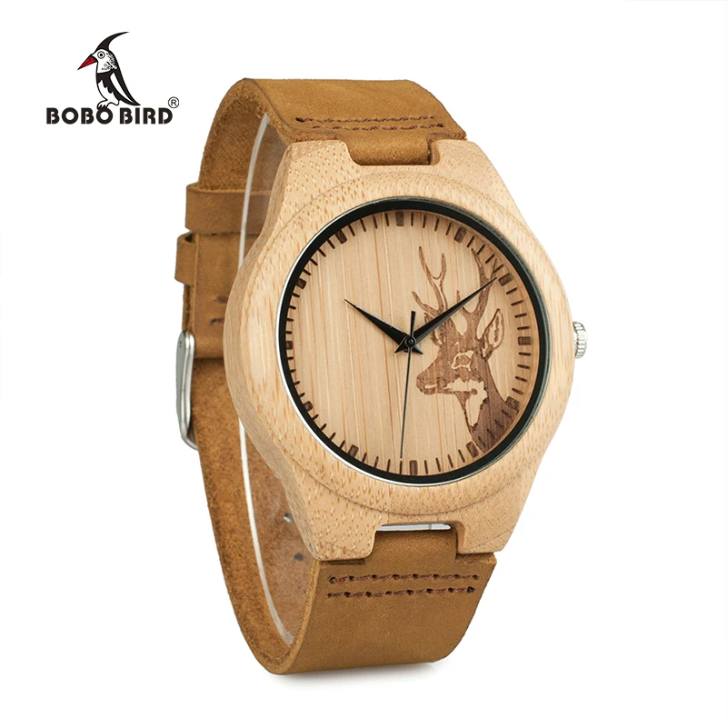 BOBO BIRD-Reloj de pulsera de piel auténtica para hombre y mujer, accesorio de pulsera con diseño de alce y cabeza de ciervo, complemento masculino