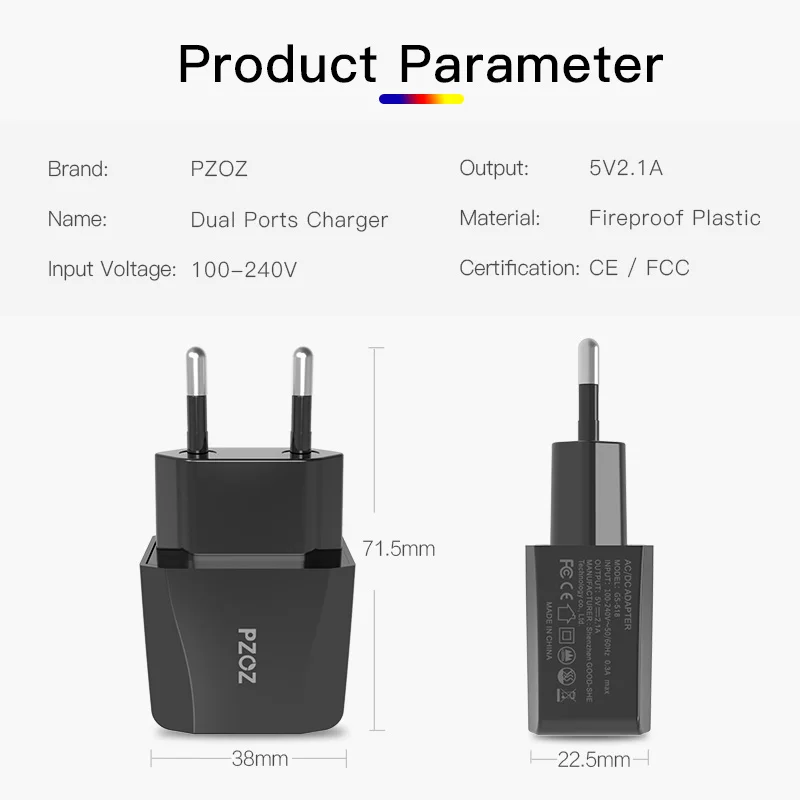 Pzoz-usb carregador para viagens, eu plug, 2a, adaptador de carregamento rápido, carregador portátil de parede dupla, cabo do telefone móvel para