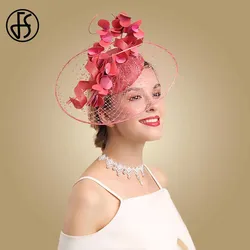 FS Womens Fascinators Red Derby Hat Flower For Lady Sinamay Church Hats Big Brim Fedoras Elegant Black Wedding Party Dress Hat