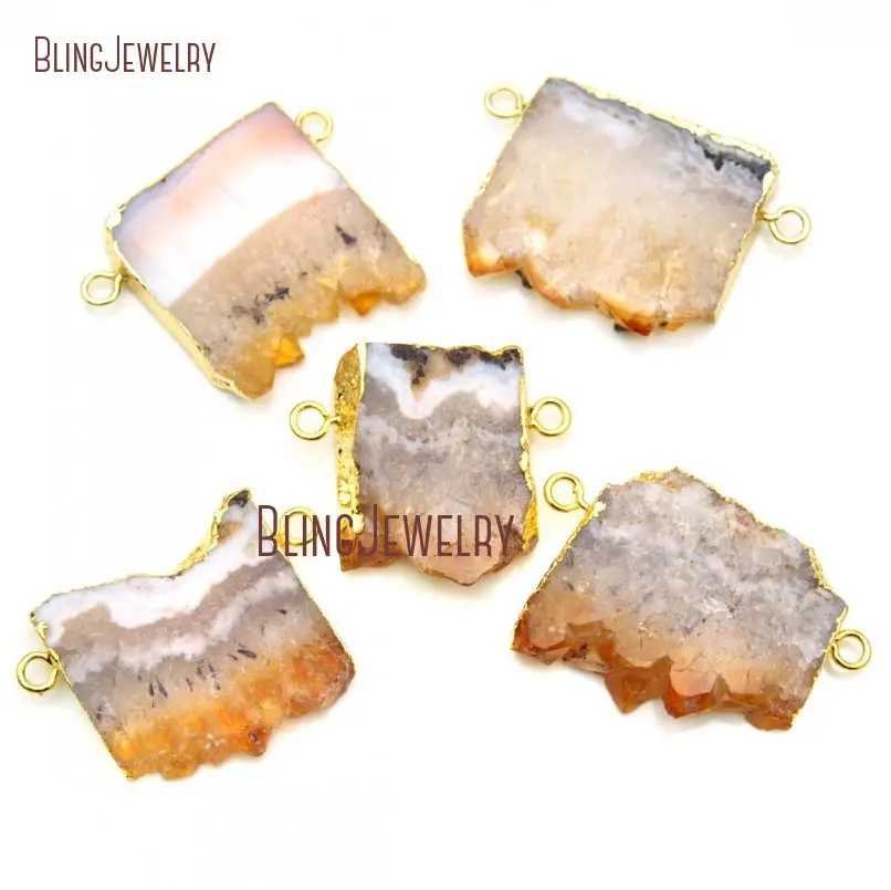 PM18754 Crysal Quartz Slice Petite Pendant Citrines Double Bail Gold Electroplated Plated Charm