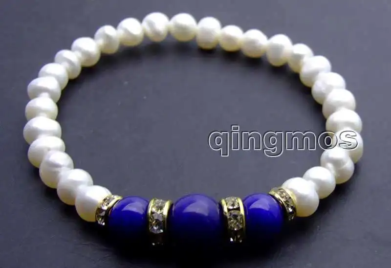 Qingmos 6-7mm Round Natural White Pearl Bracelet for Women with Round Natural Blue Jade Stone Bracelet 7.5