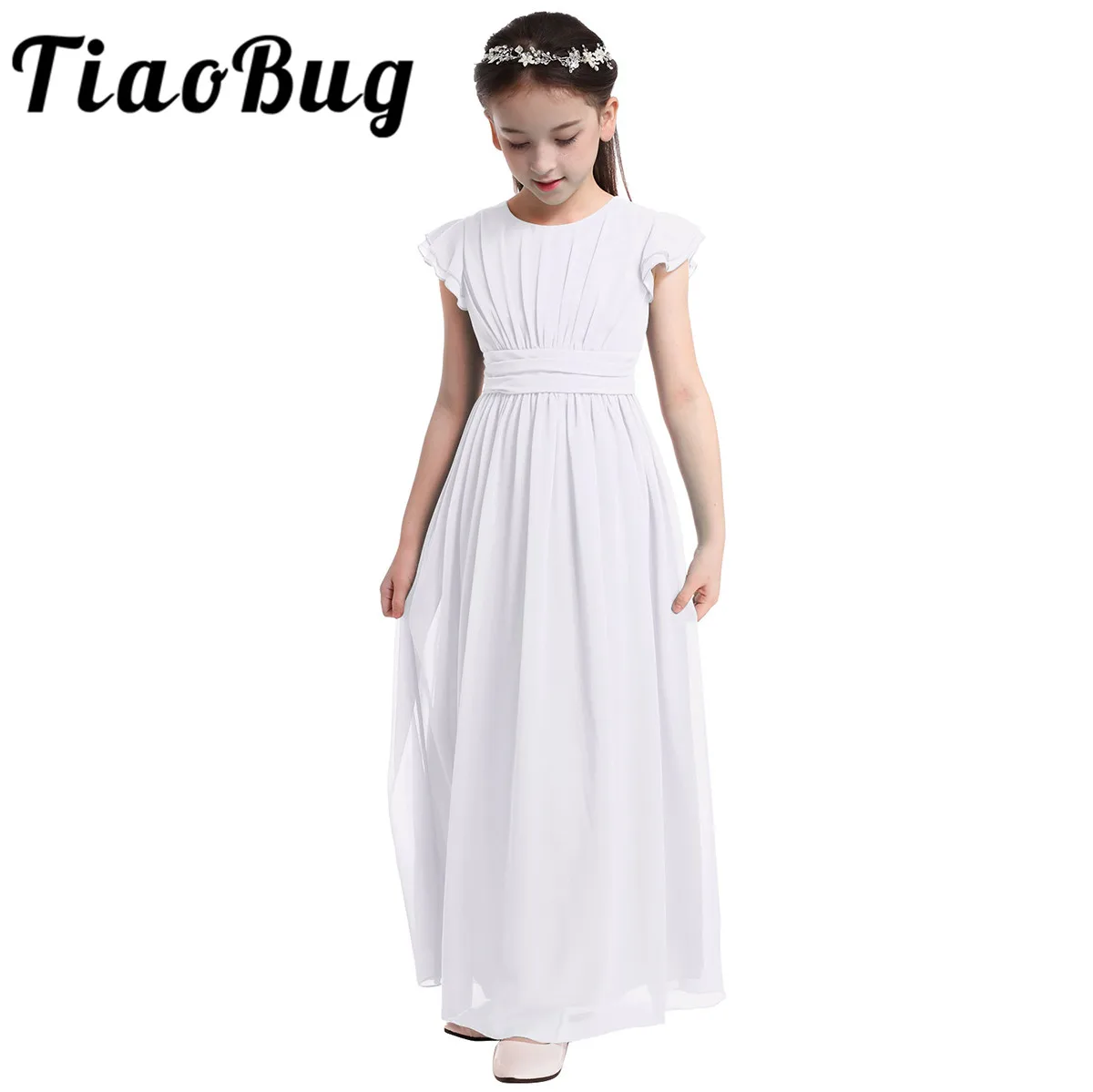 Girls Chiffon Flutter Sleeves Flower Girl Dress Pleated High-waisted Princess Pageant Birthday Wedding Party Long Dress 4-14