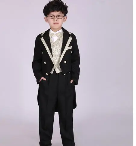 Fashion Style Tuxedo Suits Boys Clothes Set Kids Formal Wedding Blazer Swallow-tailed Coat Kids Party Bow Tie Clothing 5pcs/set