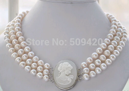 

women Fashion Jewelry Shipping>>>3row 17-19" 8-9mm WHITE ROUND FRESHWATER PEARL NECKLACE Fine Factory direct