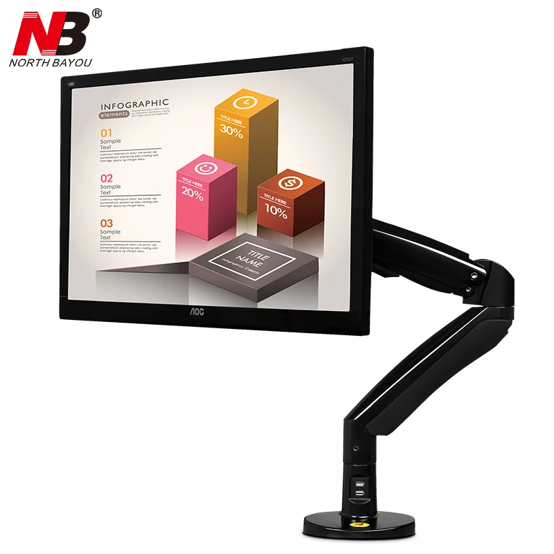 NB F100A Gas Spring Arm 22-35 inch Screen Monitor Holder 360 Rotate Tilt Swivel Desktop Monitor Mount Arm with Two USB Ports