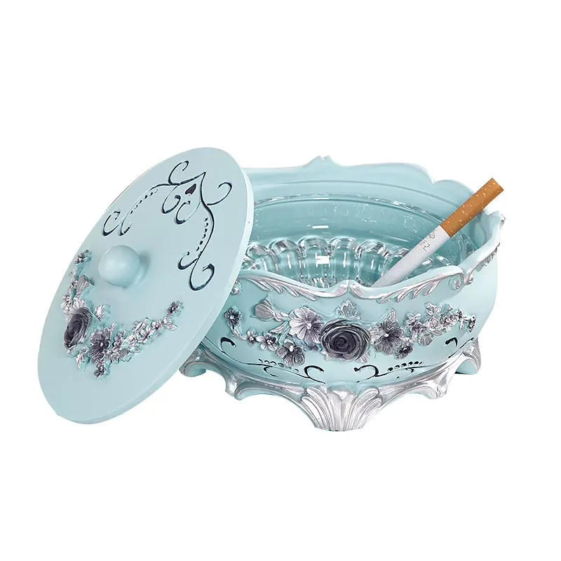 Classic ornate 3D rose flower pink blue ashtray Exquisite royal style home decor ashtray