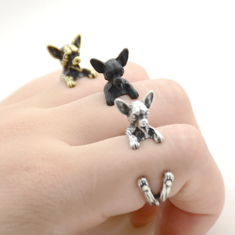 Real Pictures Punk Vintage 3D Chihuahua Wrap Ring Retro Boho Fashion Cute Chihuahua Dog Animal Rings For Women Men Jewelry