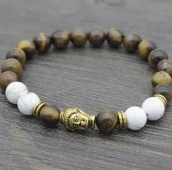 8mm nh445 adjusted yellow Tigereye stone bead Bracelet Reiki Buddha head Prayer Charm Rope white Howlite Bangles