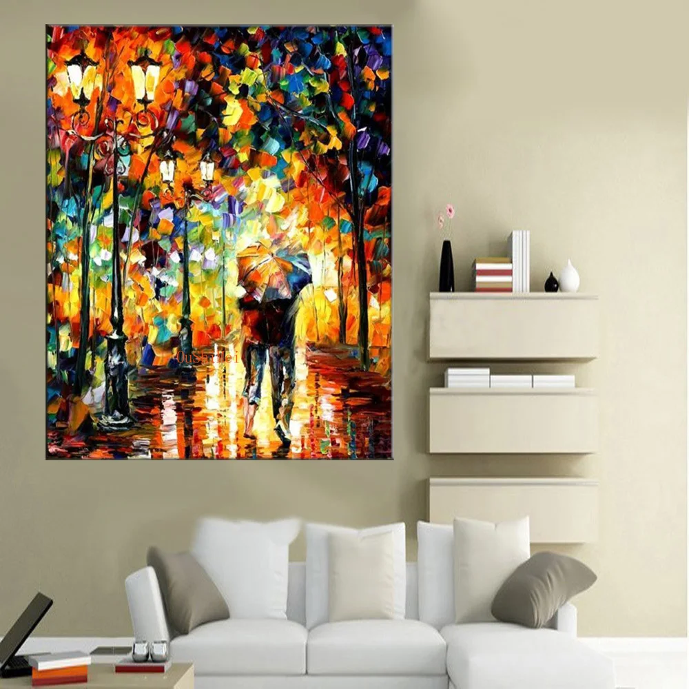 New Cheap Oil Painting Hand Painted Picture On Canvas for Wall Decoration Painting Lover on Street Landscape Acrylic Painting