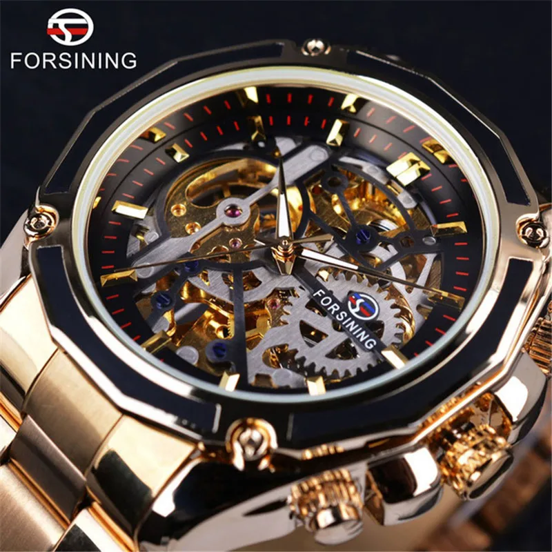 Fashion Forsining Top Brand Transparenthollow Luminous Hand Gear Movement Retro Royal Design Men Mechanical Skeleton Wrist Watch