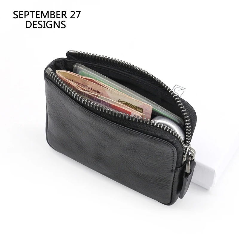 

Zipper Wallets Women Genuine Leather Men Coin Purses Vintage Small Change Purses Wrinkled Cowhide Pouch Credit Card Money Bag