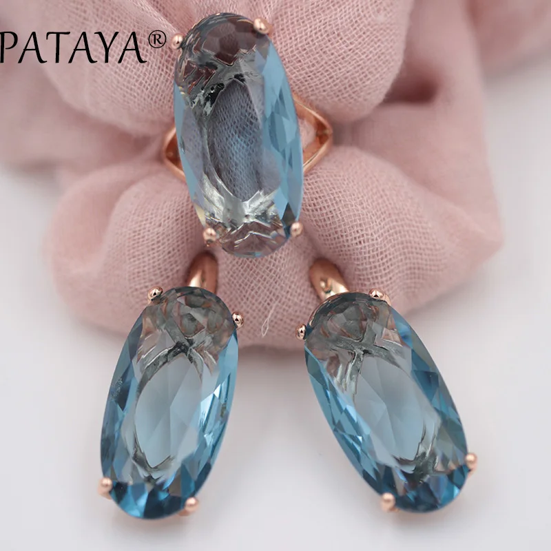 PATAYA New Fine Jewelry Set For Women Fashion Wedding 585 Rose Gold Color Oval Artificial Cubic Zircon Blue Earrings Rings Sets