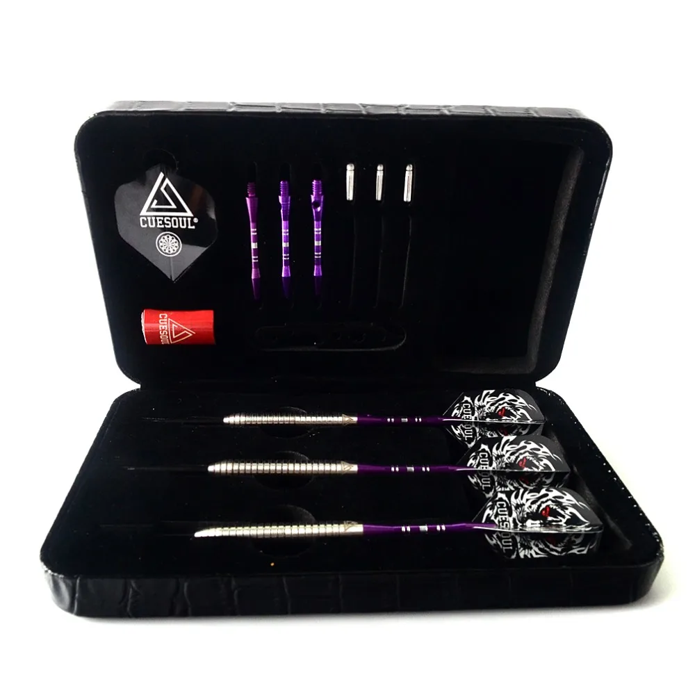 CUESOUL 22 Grams 90% Tungsten Steel Tip Darts Set With Luxury Black Dart Case&Purple Dart Shaft