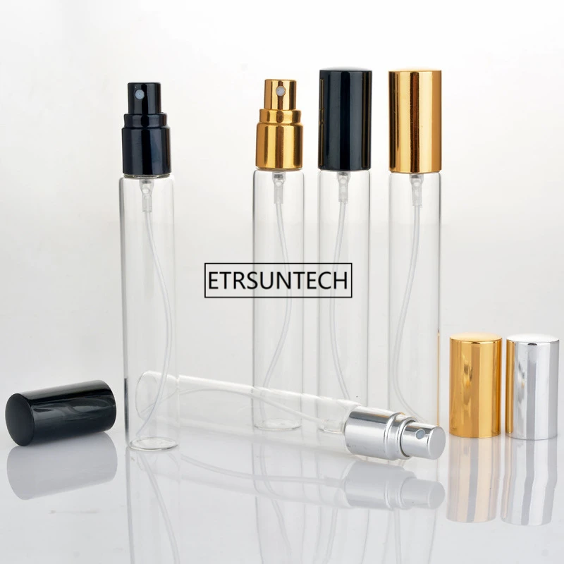 

100pcs/lot 15ml Clear Mini Sample Refillable Perfume Spray Glass Atomizer Bottle With Black Golden Silver Lid F3044