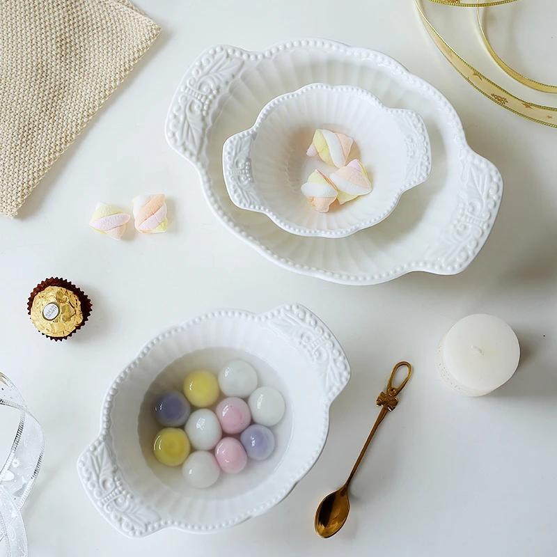 

Керамическая миска с двойной ручкой, европейский стиль, салатница, торт, поднос для еды, контейнер для закусок, десерт, 1 шт.