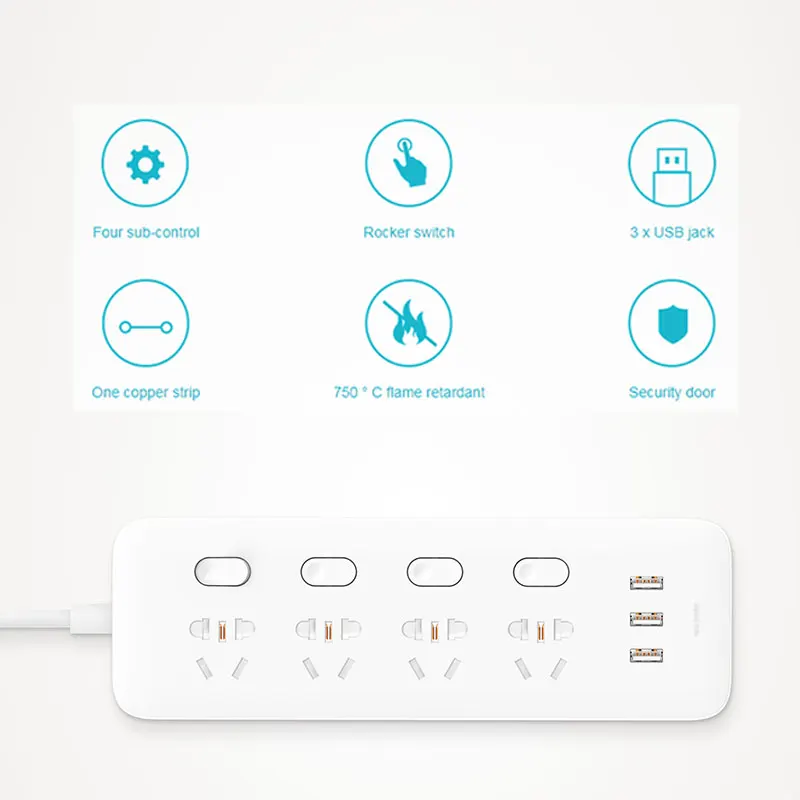 Original Xiaomi Mi Power Strip Socket Plug 4 Ports 4 Sub-control Switch 3 USB Jack Quick Charge 2.0 Outlet Extension Safety Door