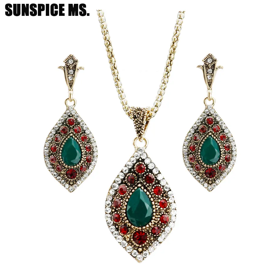 Turkish Vintage Jewelry Sets Water Drop Earrings Resin Necklace Antique Gold Color Crystal Bohemia Ethnic Wedding Jewelry 2018