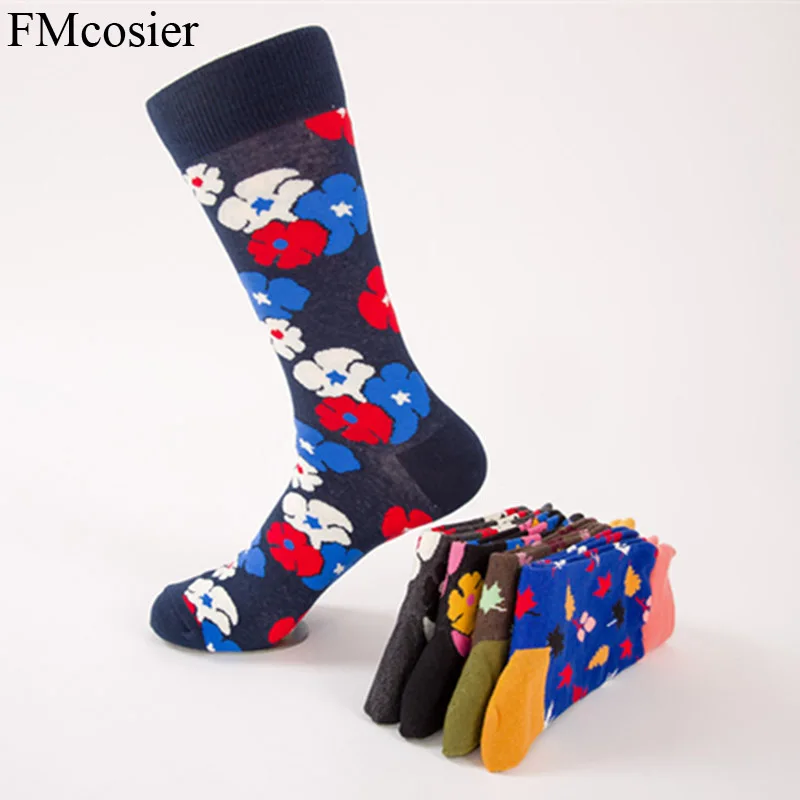 5 Pairs Novelty Autumn Winter Fashion Cotton Art Happy Socks for Men Flowers Colorful Meia Sokken Socken Loafers Sox Lot