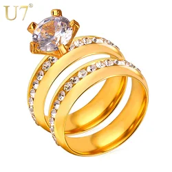 U7 Wedding Couple Band Rings For Men Women Silver/Gold Color White Rhinestones Paved Bridal Set Ring R442 QC24