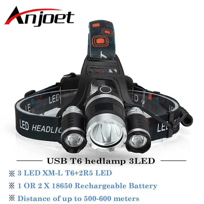 Anjoet LED Headlight 9000 lumens headlamp cree xml t6 Headlights Lantern 4 mode waterproof torch head 18650 Rechargeable Battery