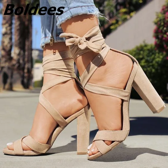 Women Simply Design Super Elegant Chunky High Heel Sandals Fancy Open Toe Block Heel Ankle Wrap Lace Up Dress Sandals HotSelling