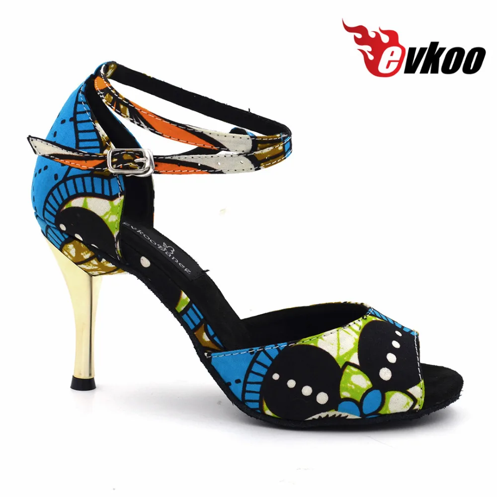 Evkoodance girls 8.5cm heel Zapatos De Baile Size US4-12 Blue African Print Satin Latin Ballroom Dance shoes fai da te donna Evkoo-453