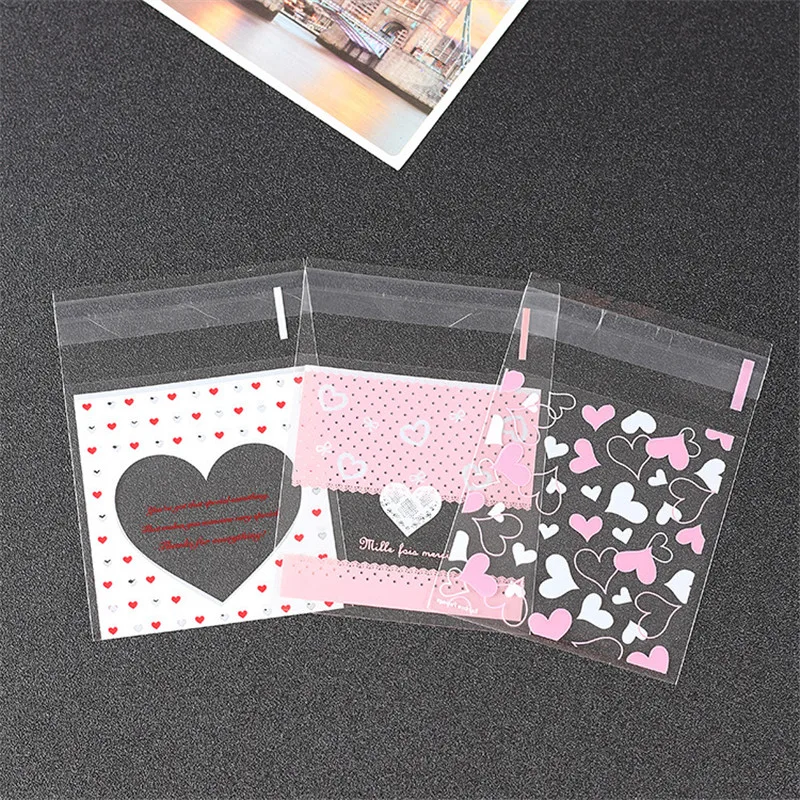 100PC Love Heart Cookie Candy Biscuits Bag Self-Adhesive Package Bag Wedding Party Supplies Gift Bag Trial Bagging Food Wrappers