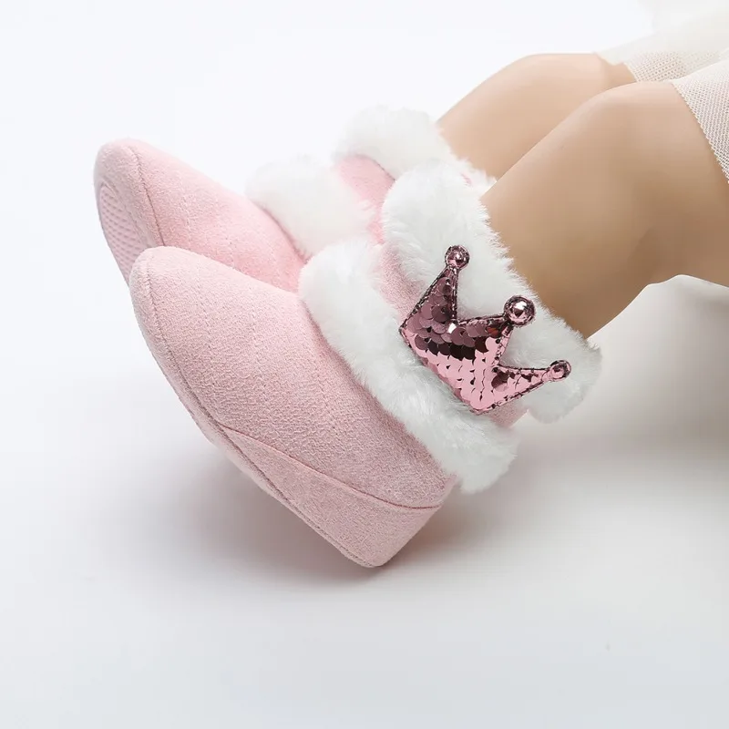 

Fashion Newborn Infant Baby Girls Winter Warm Crown Fur Mid-Calf Length Slip-On Furry Boots 0-18M