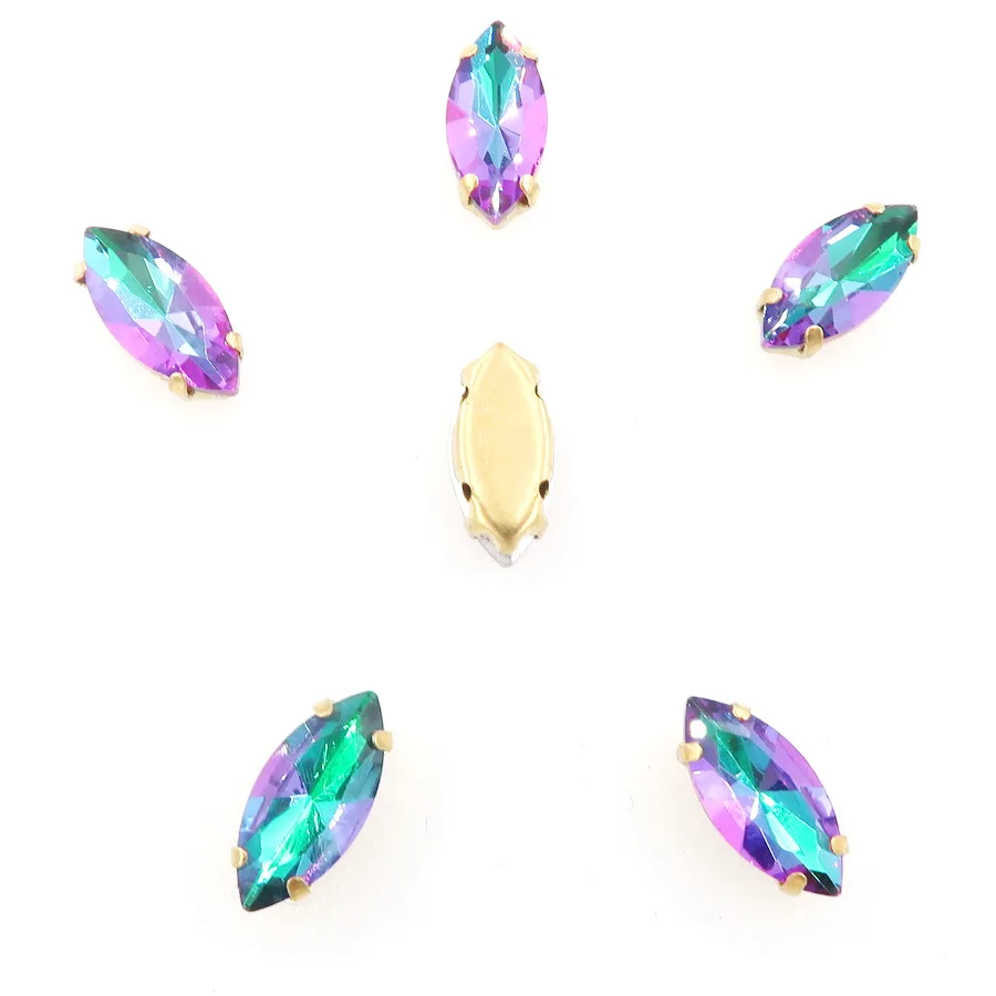 Navette-förmige Goldkrallenfassungen, 20 Stück, Regenbogenfarbene Glaskristalle, 7*15mm, zum Aufnähen, Pferdeaugen-Kristalle, für Taschen, DIY-Besatz – Detail 4