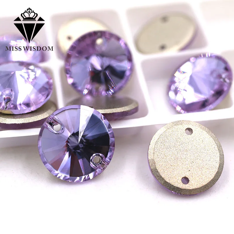 High quality flatback glass sew on rhinestones double hole Round shape Light purple crystal rhinestone diy clothing accessories