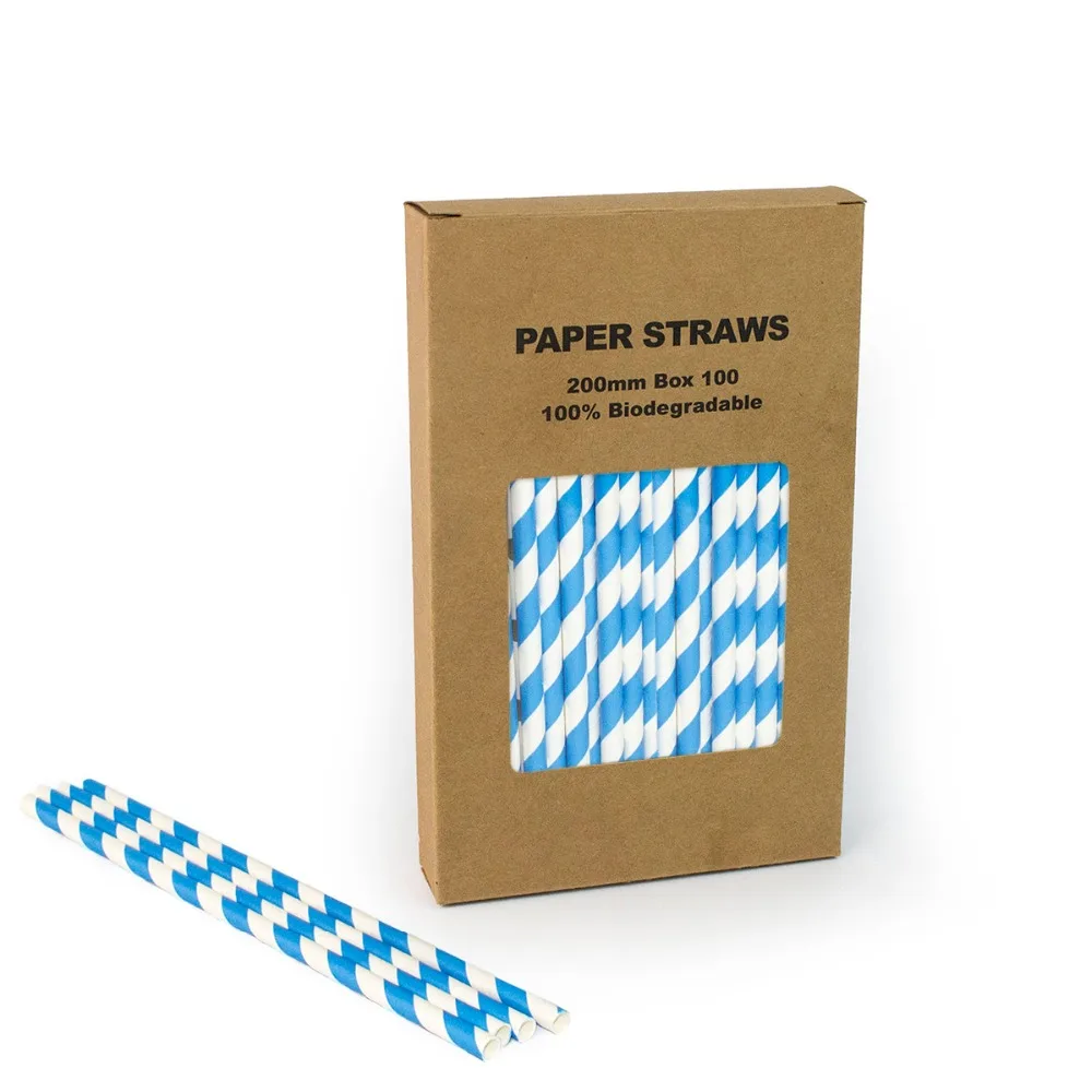 Free Shipping 100% Biodegradable Paper Straws Drinking Paper Straws Blue Striped Paper Straws 104 Box(100pcs)