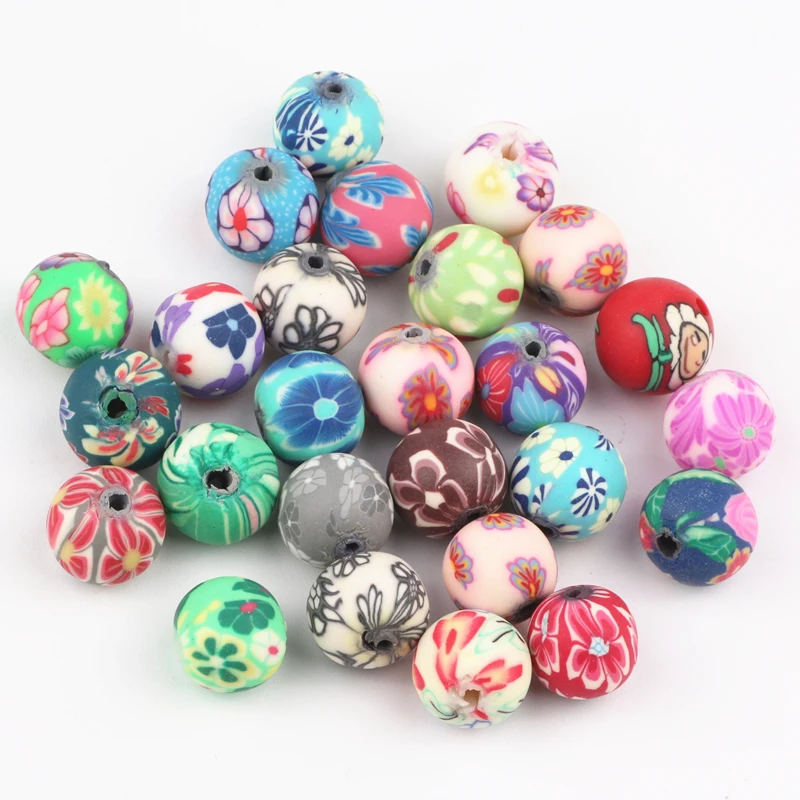 10MM 200pcs/lot Mixed Colors Flower Ball  Round Polymer Clay Beads Handpainted Fit Bracelet Beads DIY Finding Accessory