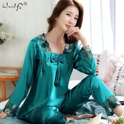 Women's Silk Satin Pajamas Set Lounge Pajama Sets Ladies Sexy Flower Lace Sleepwear Pyjamas Nightwear Pajama Suit Lingerie