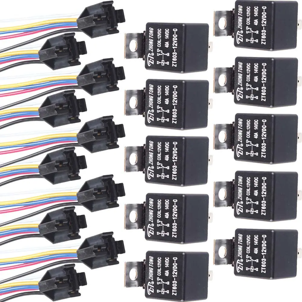 EE support 10Pcs Black Iron Back Car DC 12V 40A AMP SPDT Relay 5Pin & 5 Wire Relay Plug